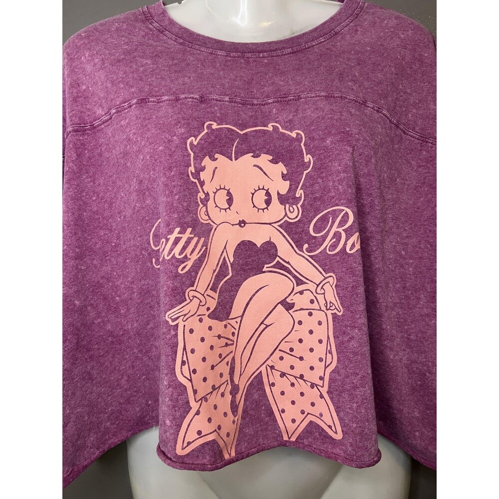 Betty Boop Fleischer Studios Shirt Womens XL Purple Cropped 3/4 Sleeve Tee Top